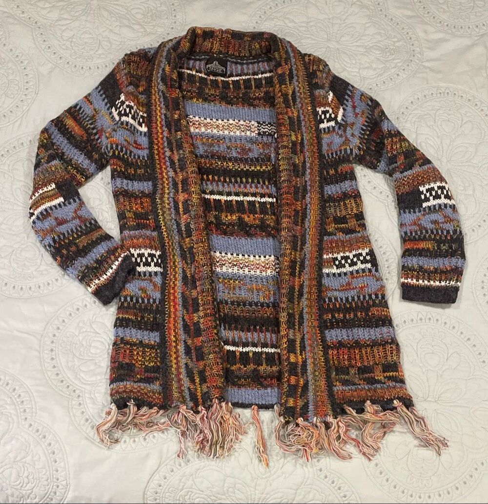Angie Large Striped Boho Western Open Cardigan Fringe Sweater